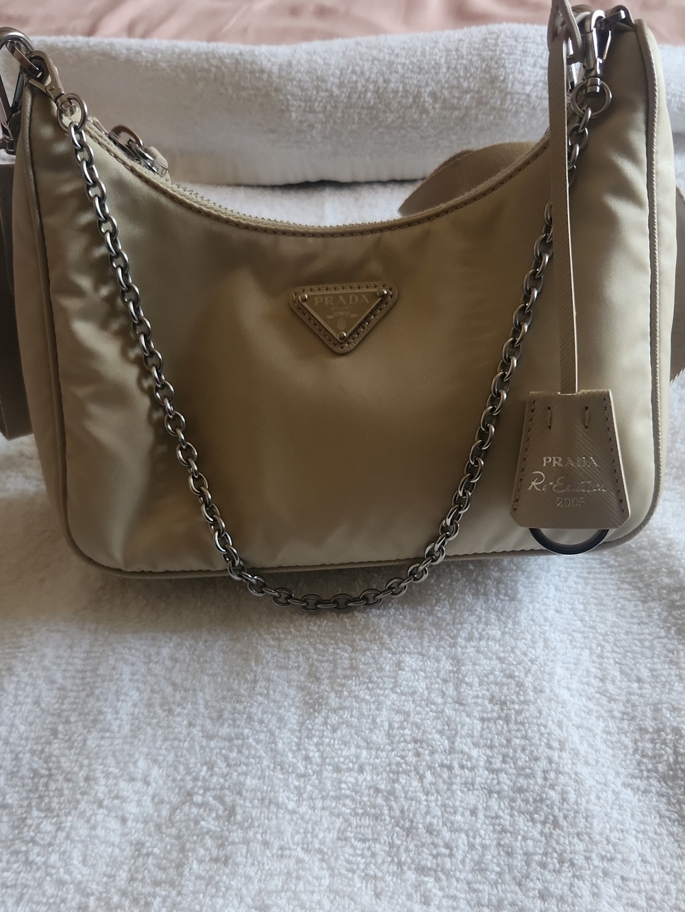 Prada Light Beige Nylon Shoulder Bag with Silver Chain